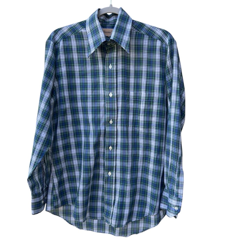 VINTAGE Recess Blue/wht/green Plaid Long Sleeve Button Down Shirt Men Size M